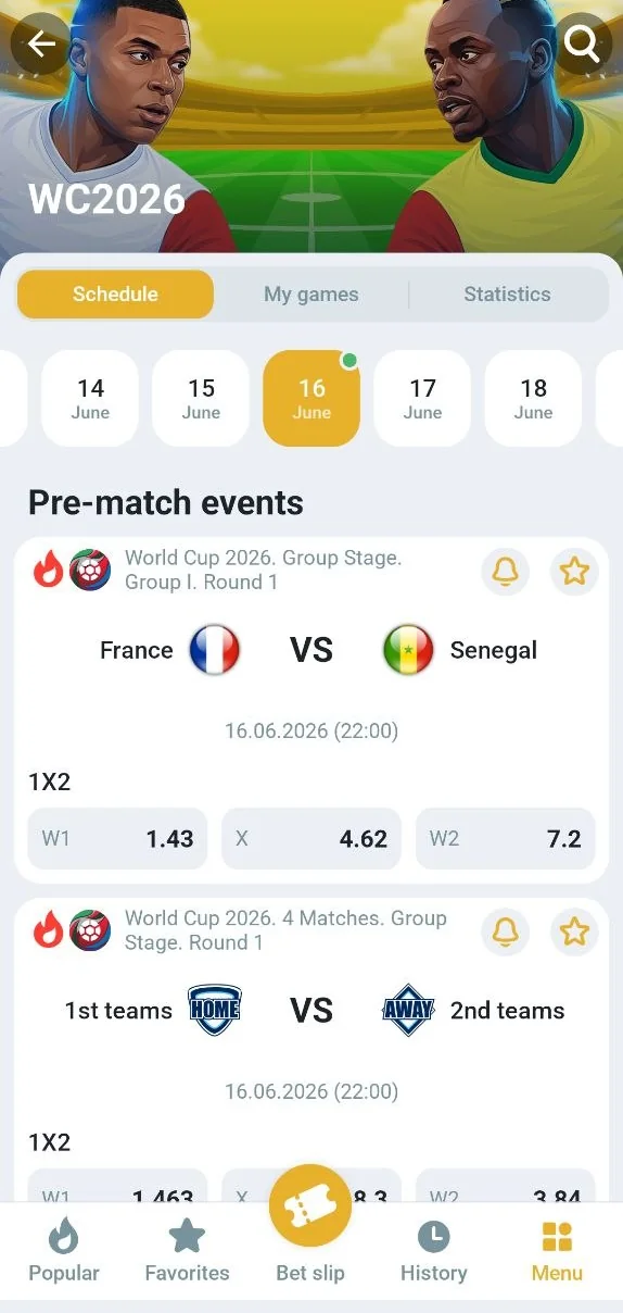 Pre-match events and odds in the Melbet app