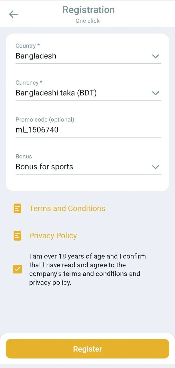 Melbet app one-click registration form