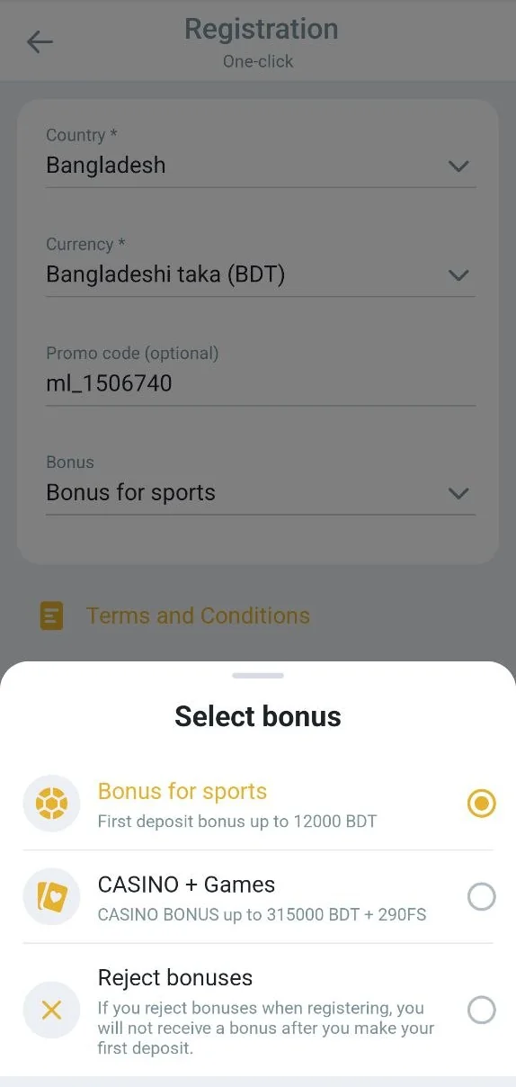 Melbet app bonus selection screen
